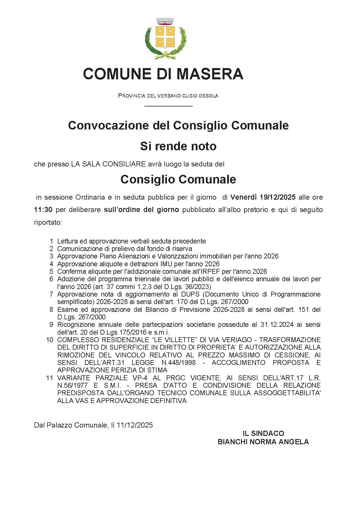 Convocazione Consiglio Comunale