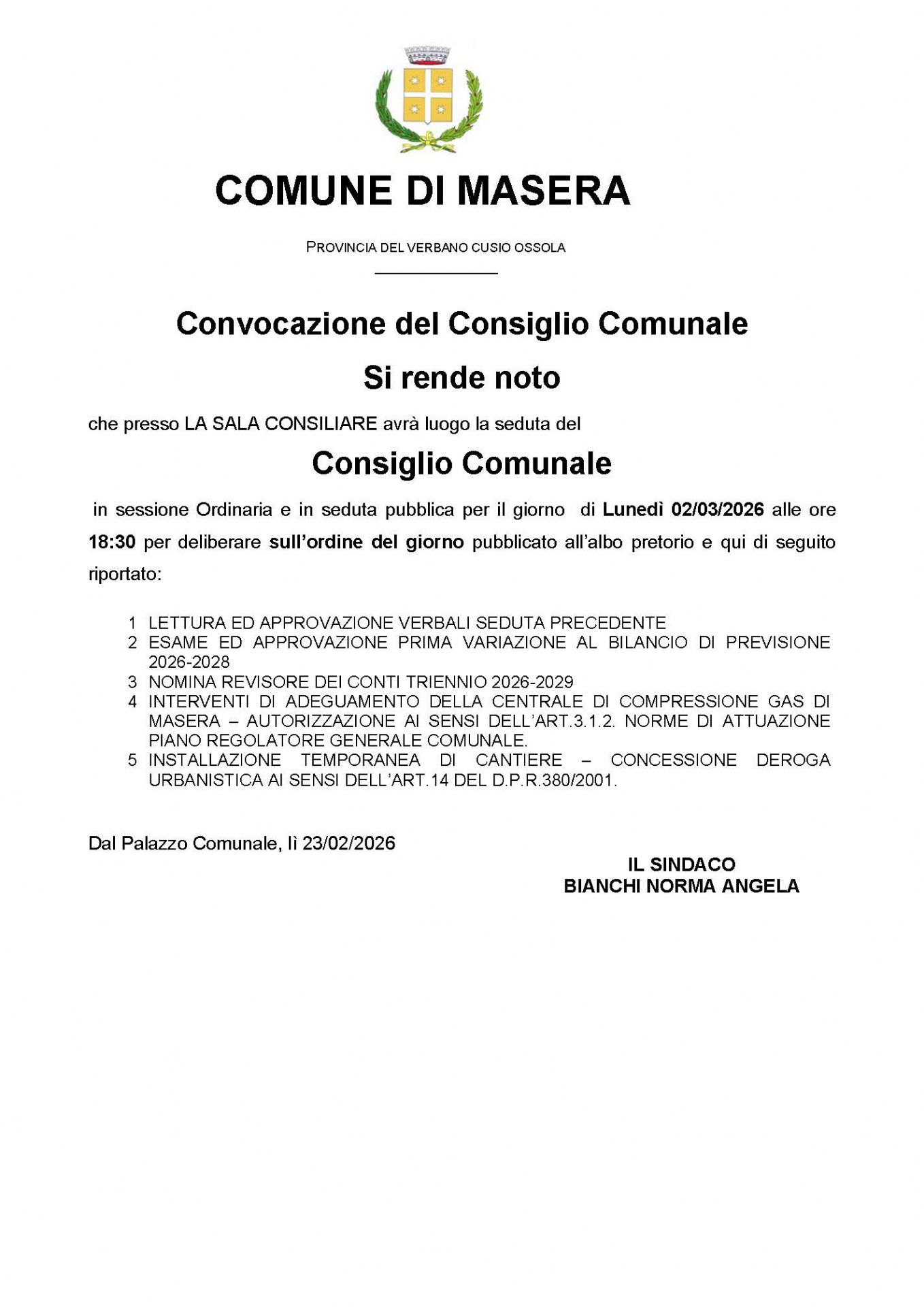 Convocazione Consiglio Comunale