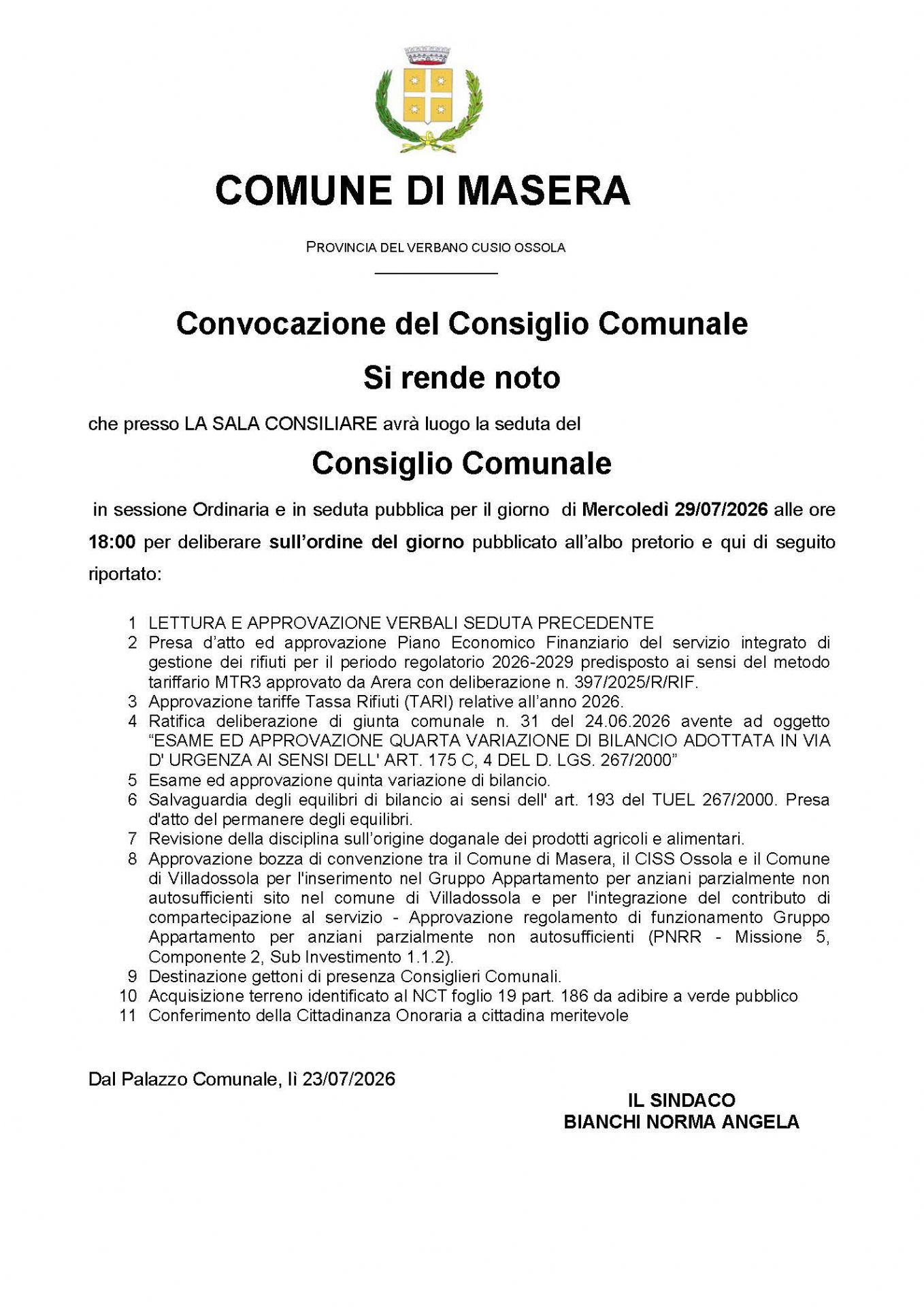 Convocazione Consiglio Comunale